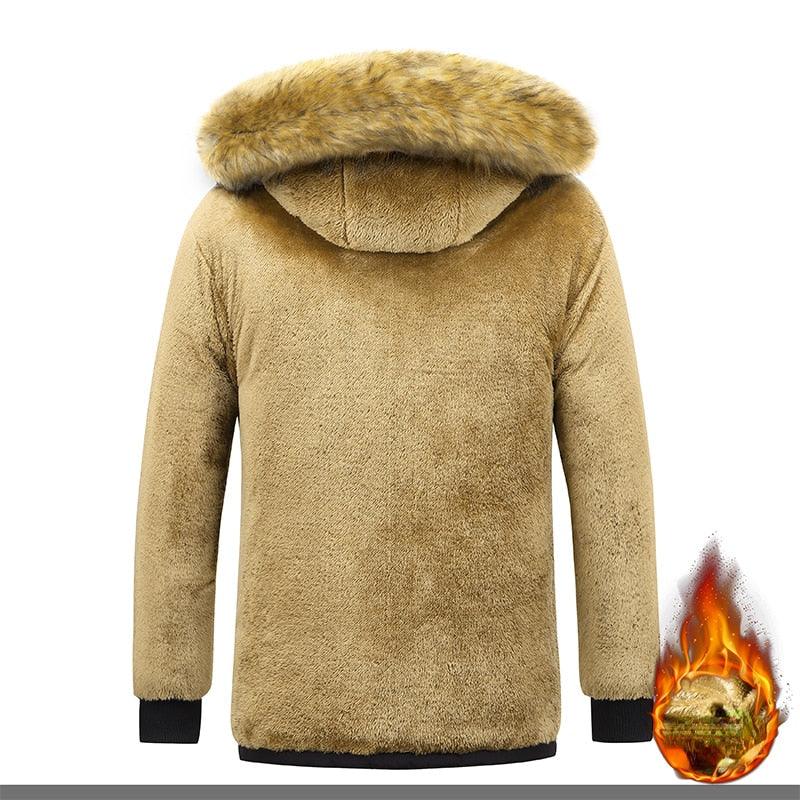 2022 New Men Winter Parka Fleece Lined Thick Warm Hooded Fur Collar Coat Male Size 5XL Plush Jacket Autumn Work Outwearing Black - kaliphe