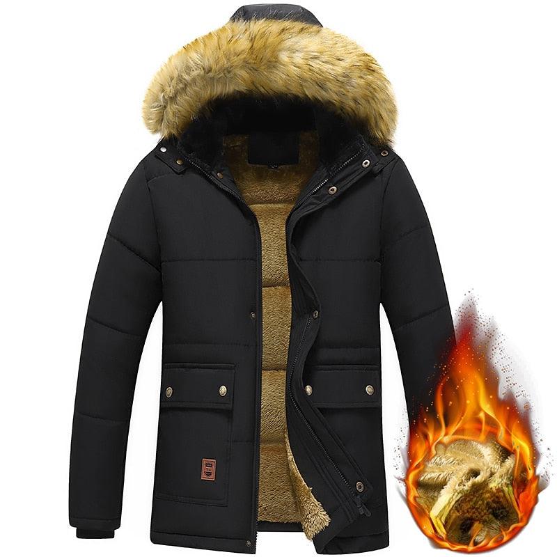 2022 New Men Winter Parka Fleece Lined Thick Warm Hooded Fur Collar Coat Male Size 5XL Plush Jacket Autumn Work Outwearing Black - kaliphe